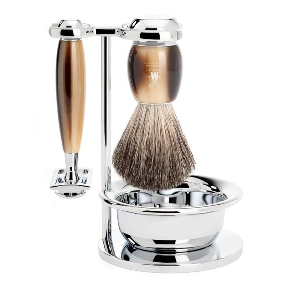 MÜHLE VIVO 4 Pc. Shaving Set, Pure Badger Brush & Safety Razor, Horn Brown - Picture 1 of 6
